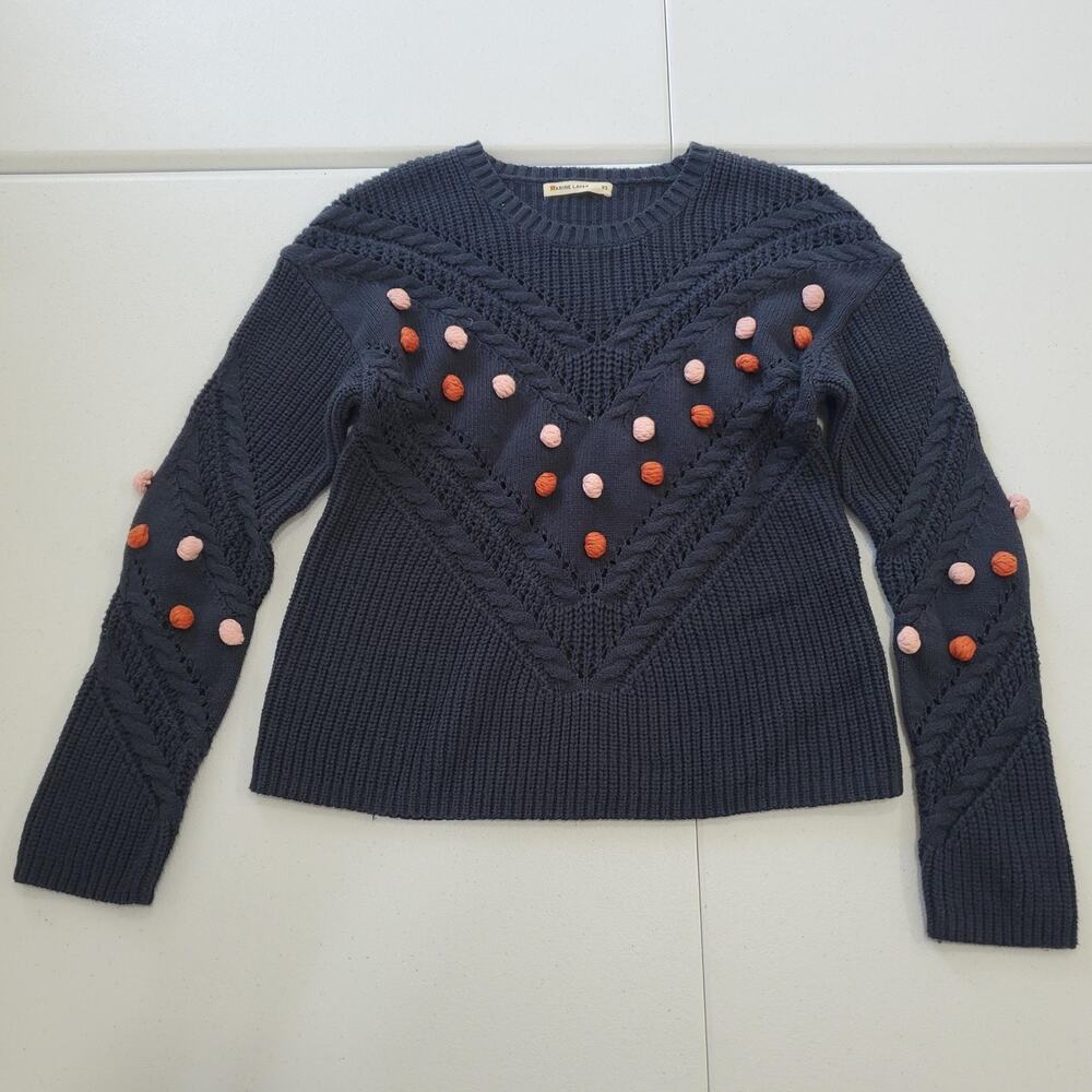 Marine Layer Sweater Womens XS Navy Pom Pom Bobble Cable Knit Crewneck Pullover